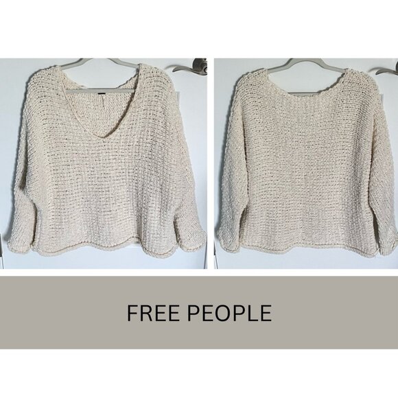 Free People Cream Chunky Knit Dolman V-Neck Sweater - 35911 - Picture 1 of 14